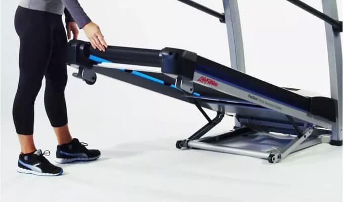Life Fitness F1 Smart Folding Treadmill folded up
