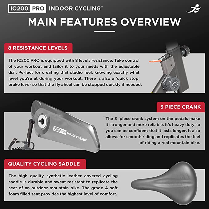 JLL IC200 Pro Indoor Cycling Exercise Bike Main Feature Overview; Resistance Levels, Crank Set, and Saddle