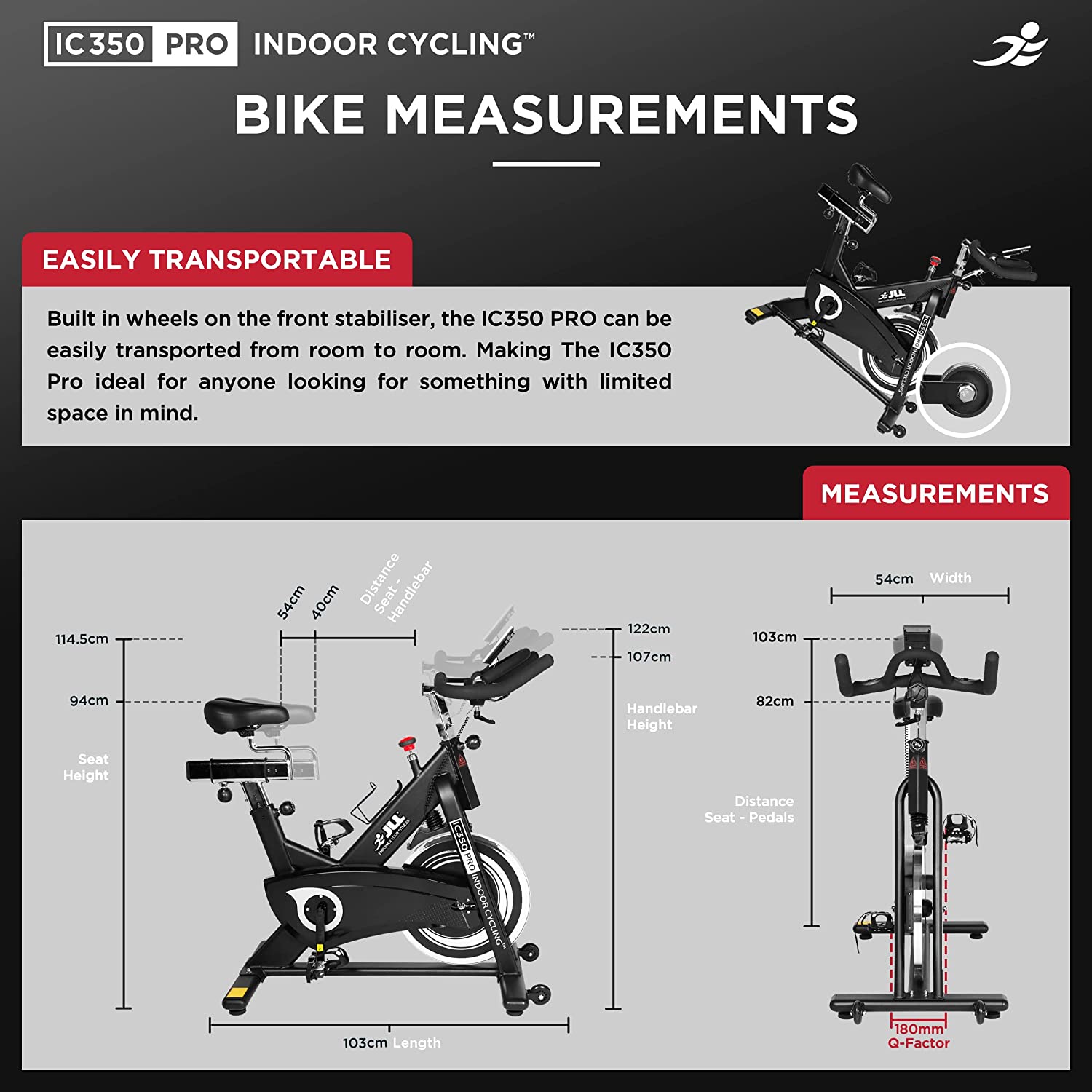 JLL IC350 Pro Indoor Bike - Measurements
