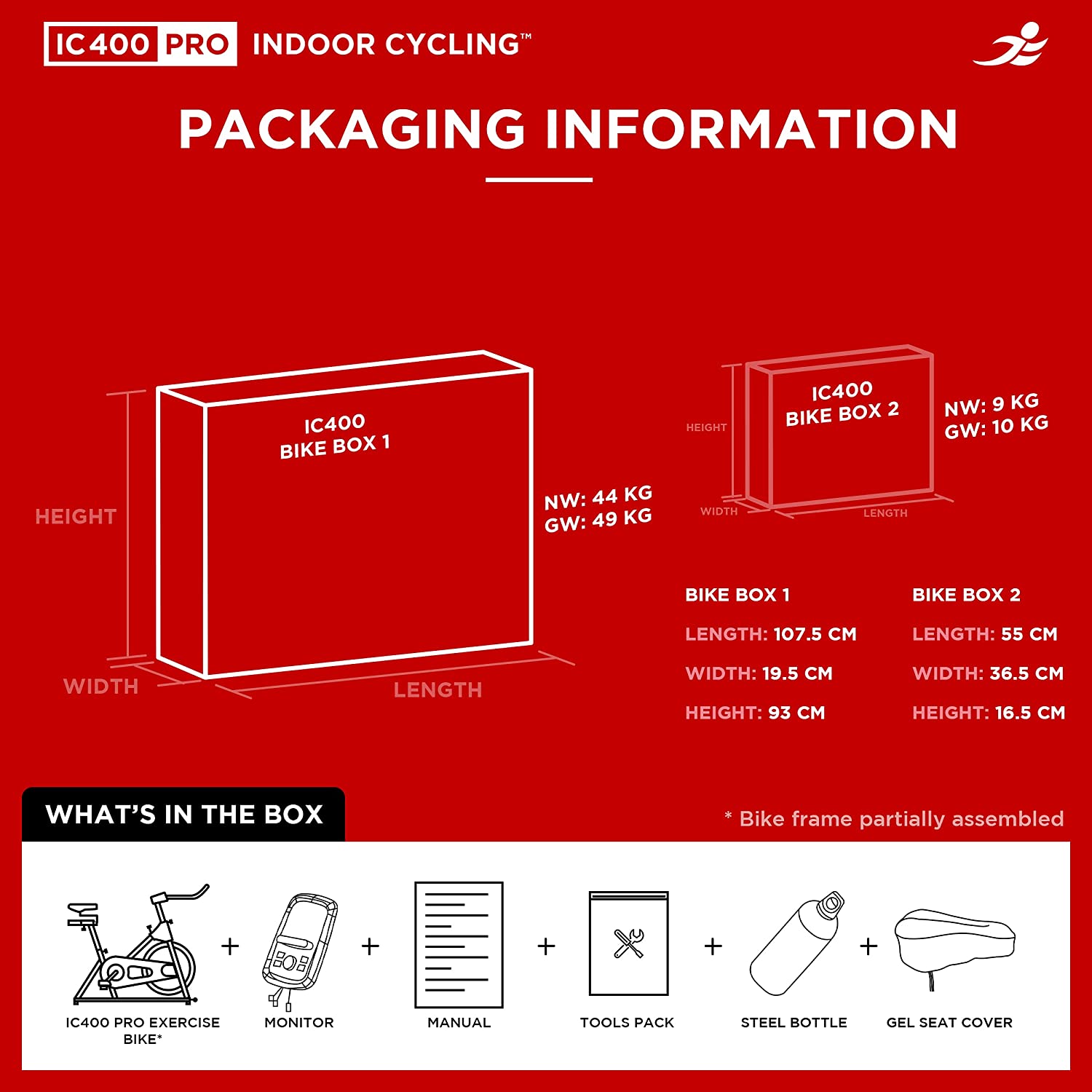JLL IC400 Pro Indoor Cycling Exercise Bike Packaging Information