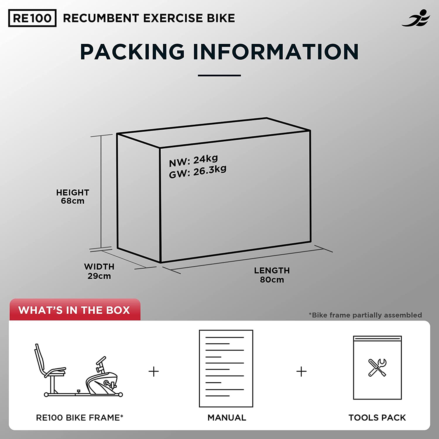 JLL RE100 Recumbent Home Exercise Bike Packaging Information