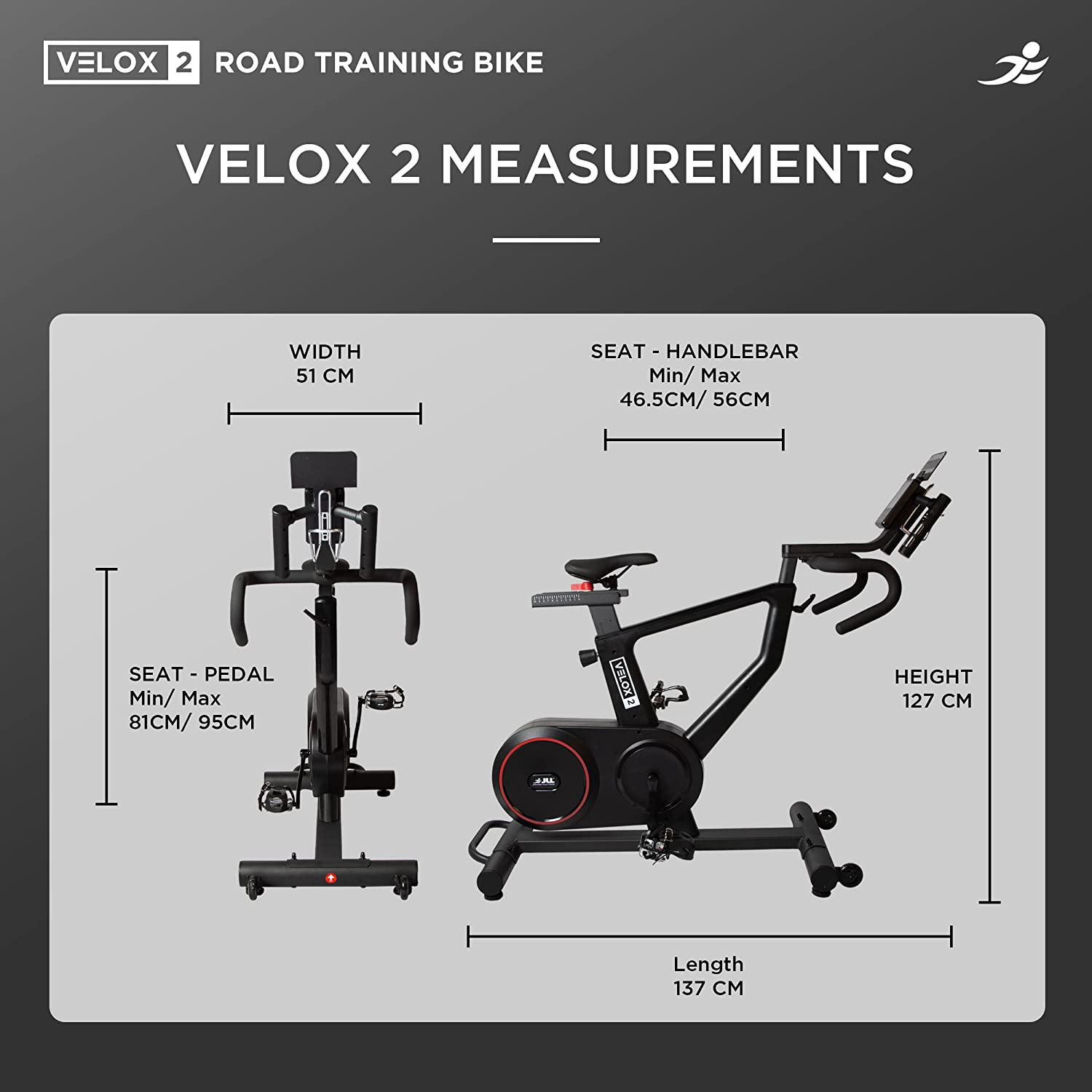 JLL Velox 2 Road Training Exercise Bike Indoor Cycling Machine Measurements 