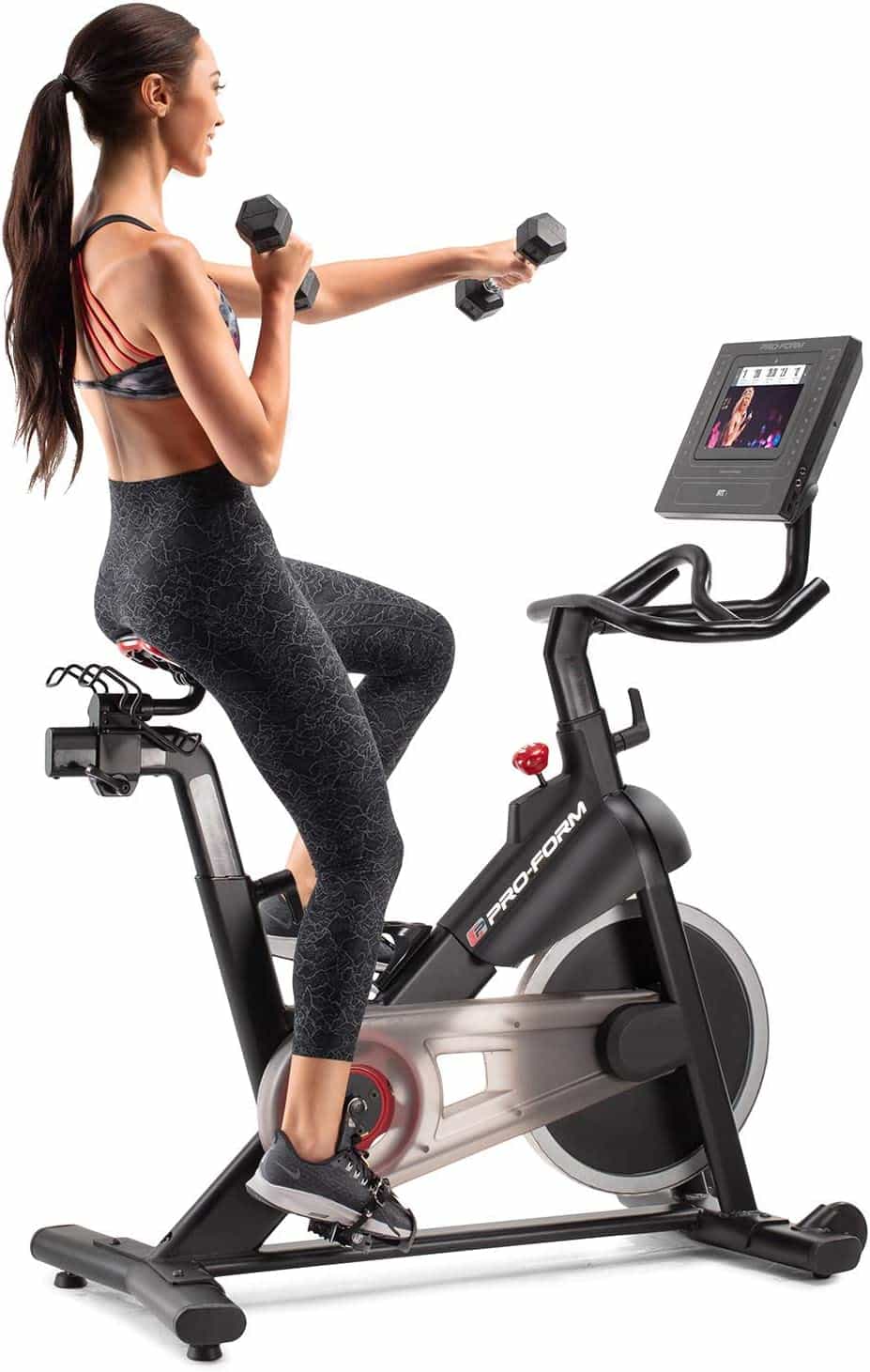 Proform Smart Power 10.0 Exercise Bike - with a female model cycling 