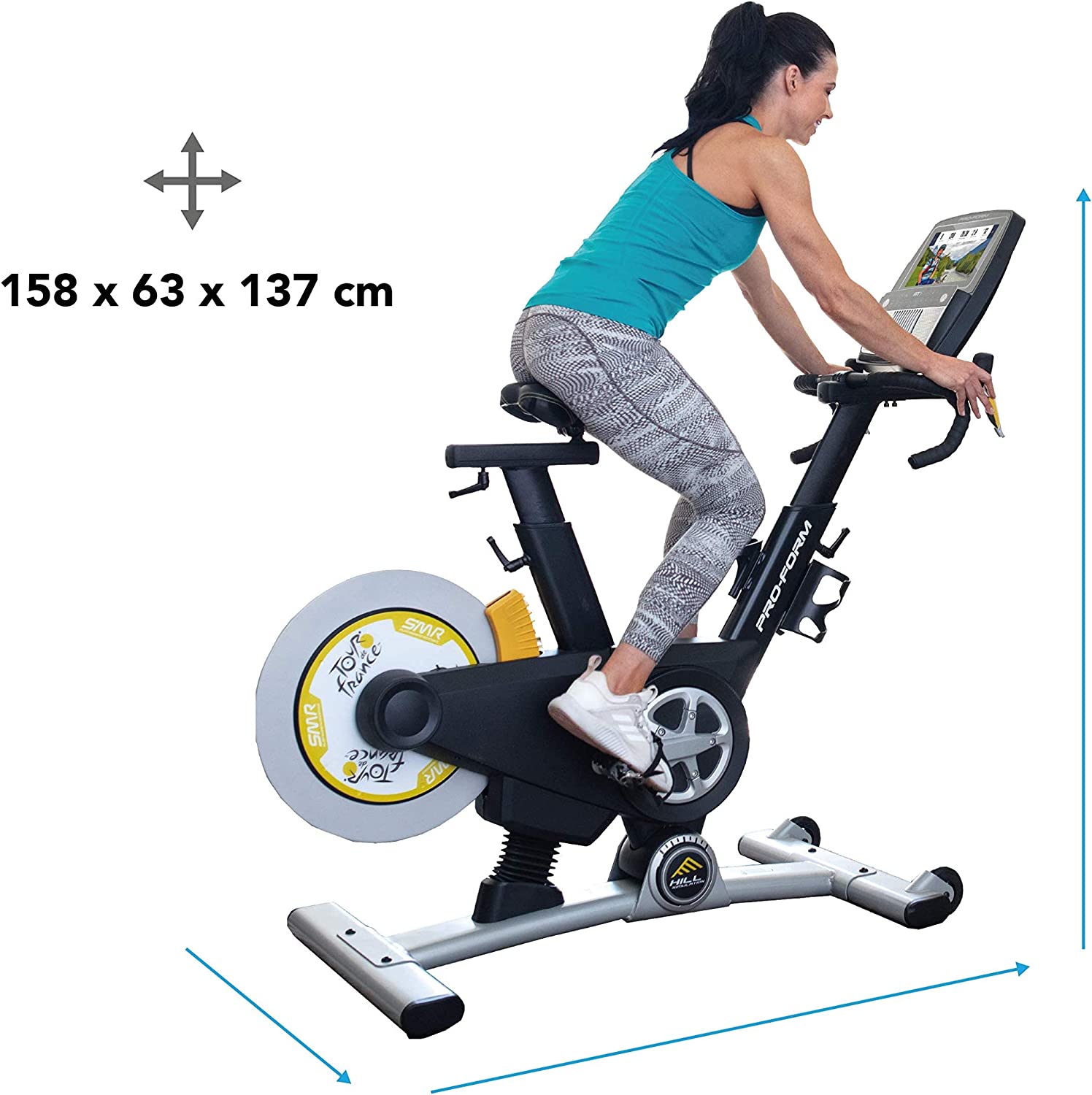 Proform Tour de France 10.0 Exercise Bike Spinning Bike - with a female model cycling
